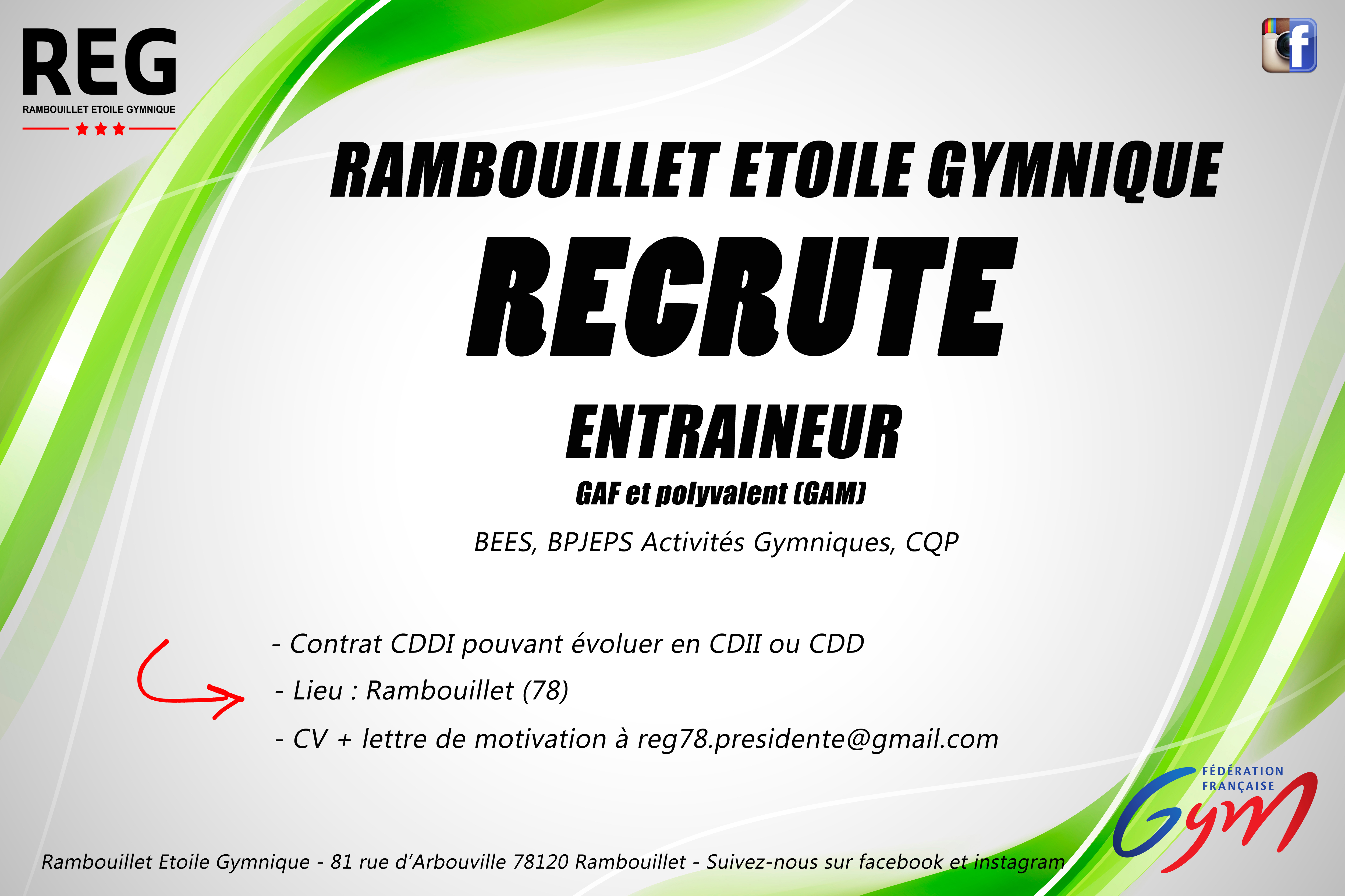 OFFRE D'EMPLOI : ENTRAINEUR GAF et Polyvalent (GAM) - RAMBOUILLET - REG