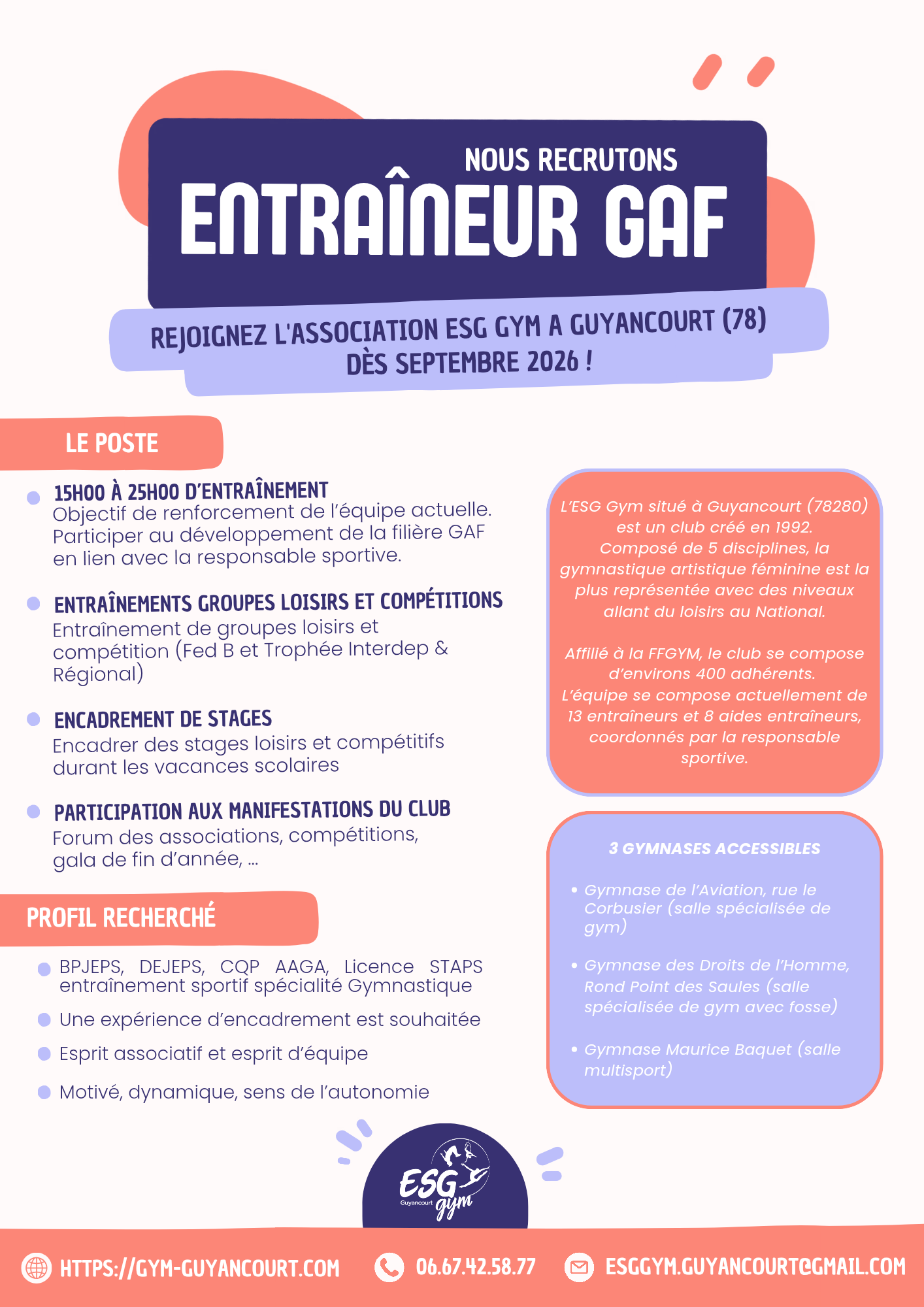 Offre d'emploi ESG Gym - Guyancourt